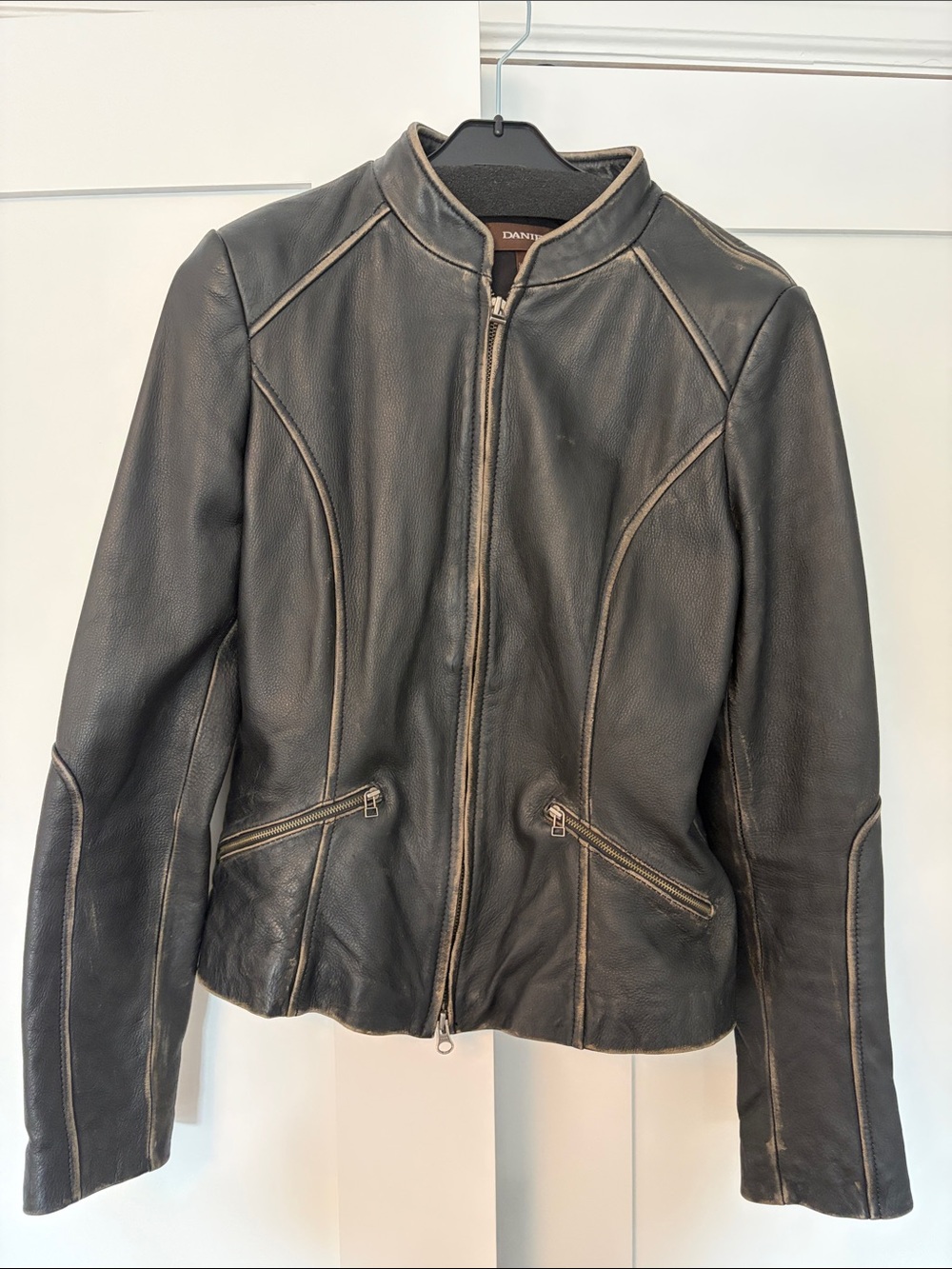 Danier Genuine Leather Moto Jacket w Distressed Seams + Zippered Cuffs